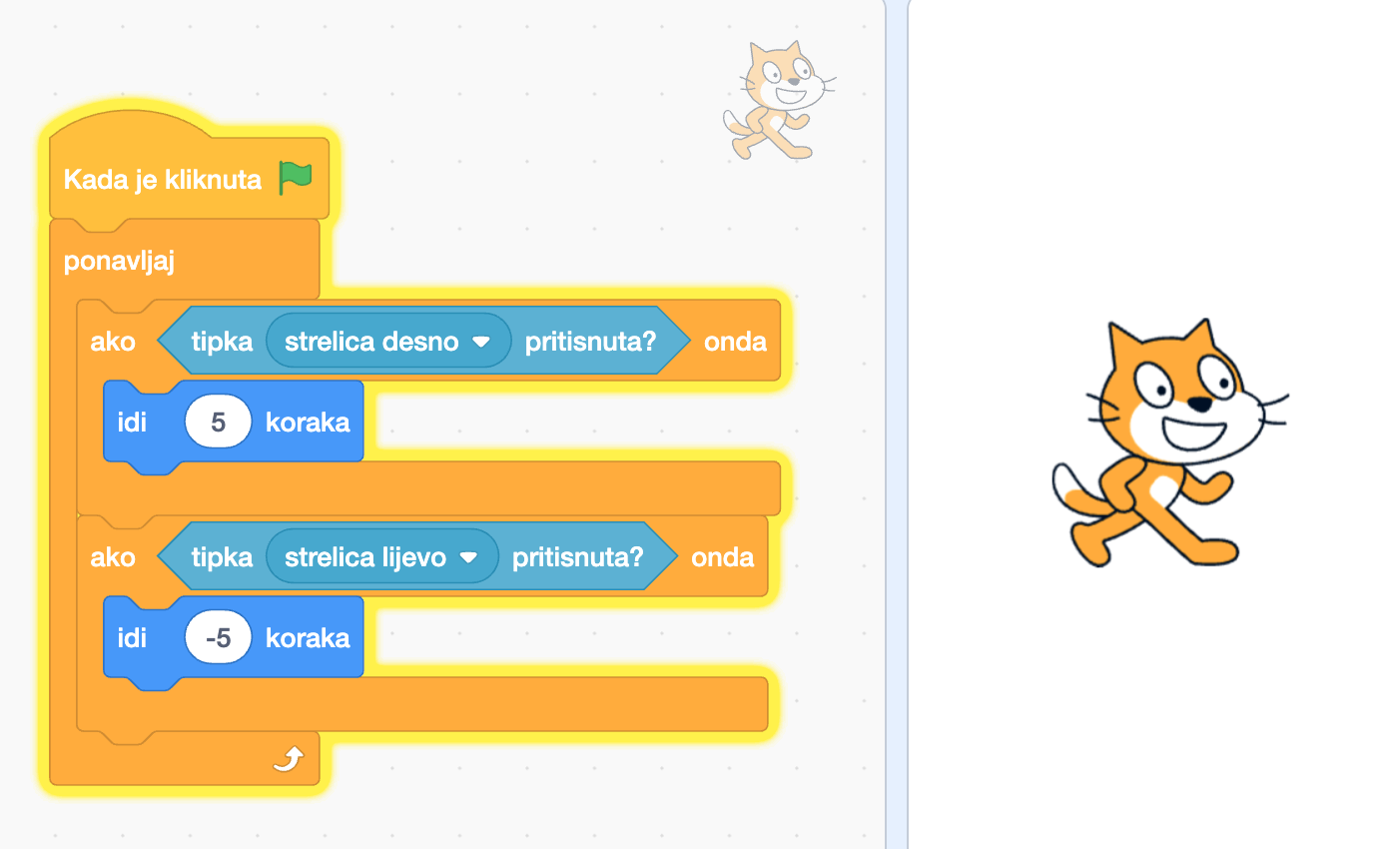 Scratch interfejs sa primjerom blokova za pomijeranje lika